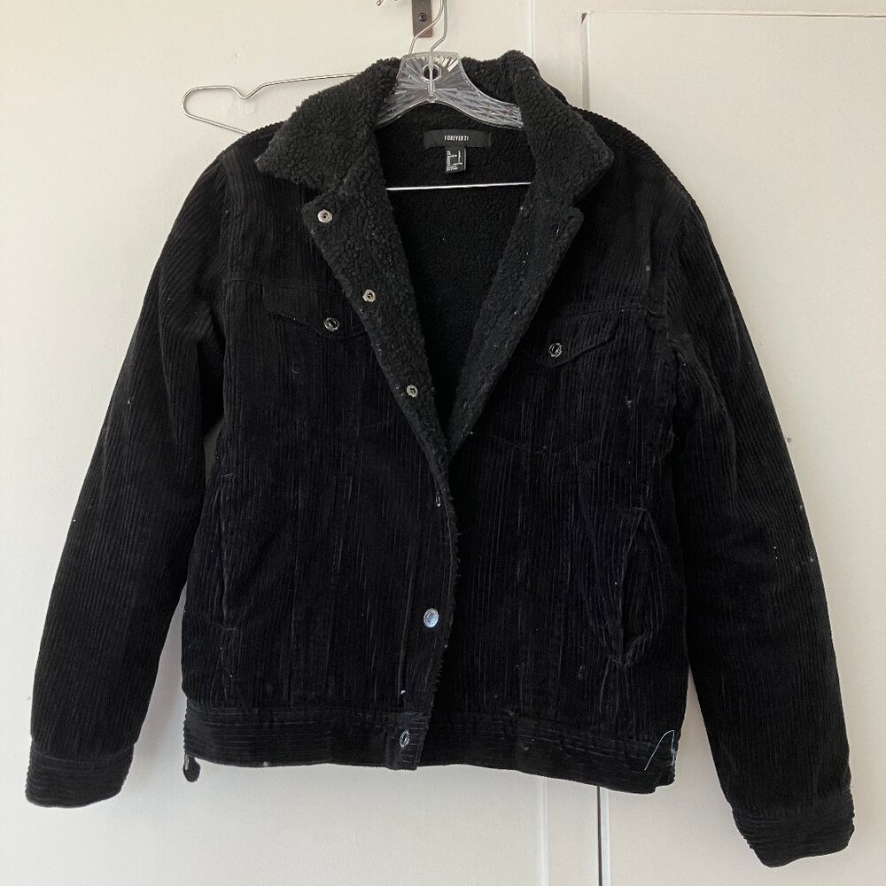 Forever 21 Black Corduroy Jacket sz L bomber faux sherpa lined pockets
